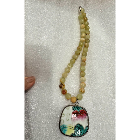 Chinese Porcelain Shard Sterling Square Pendant 20" Beaded Necklace Green Onyx - Picture 2 of 8